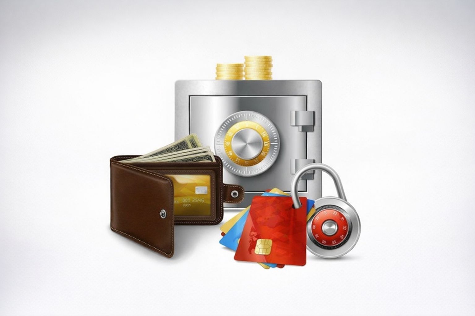 En illustration med en kassa, plånbok med sedlar och ett hänglås med kreditkort, symboliserande finansiell säkerhet.